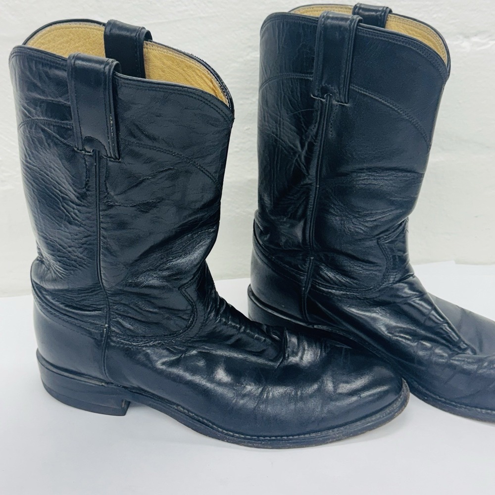 Justin 3133 Jackson Black Leather Western Roper Boots Mens Size 8 D Pull on USA